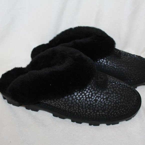 NIB UGG WOMEN'S COQUETTE SPARKLE SPOT SHEARLING SUEDE SLIPPERS BLACK - Picture 3 of 7